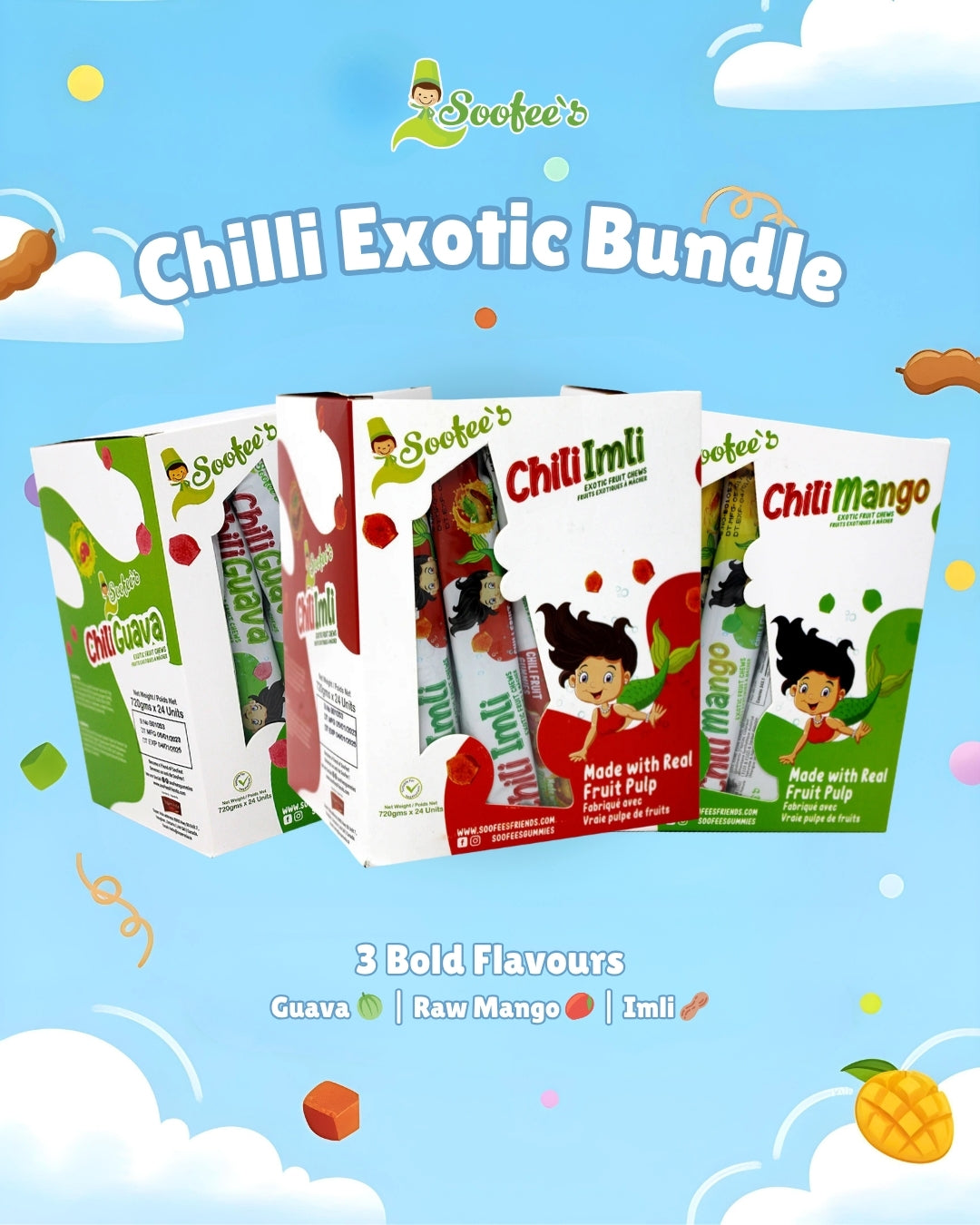 Soofee's Chilli Gummies Bundle | 3 Spicy Flavours Variety Pack – Mango, Imli & Guava | Halal Spicy Candy