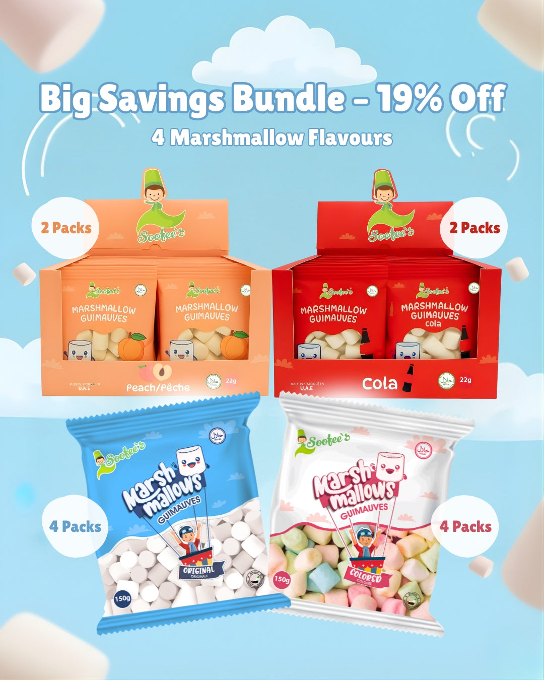 Soofee’s Halal Marshmallow Bundle | 4 Flavours Value Pack (150g Packs + Snack Boxes)