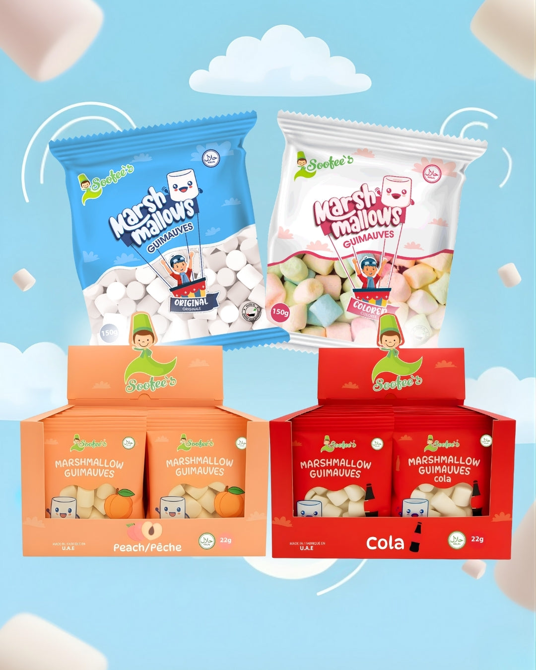 Soofee’s Halal Marshmallow Bundle | 4 Flavours Value Pack (150g Packs + Snack Boxes)